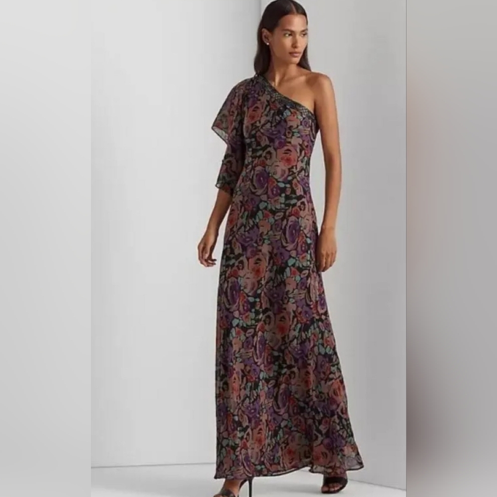 Lauren Ralph Lauren Floral Crinkle Georgette One Shoulder Dress Size 4